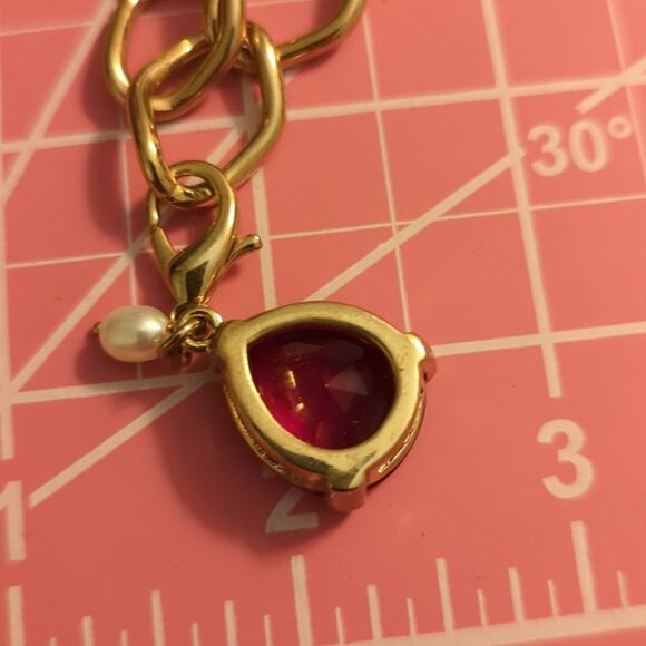 Monet Red Teardrop Crystal Charm Gold-Tone Chain Toggle Clasp Bracelet 6.5-6.75" - Picture 7 of 8